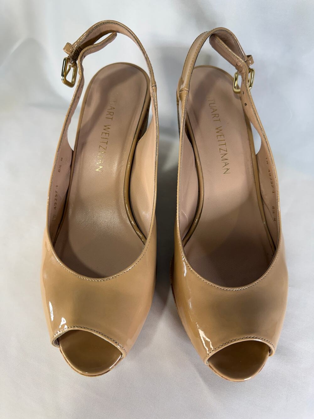 Stuart Weitzman Womens 8.5 M Nude Patent Cork Wedge Slingback Peep Toe Heels